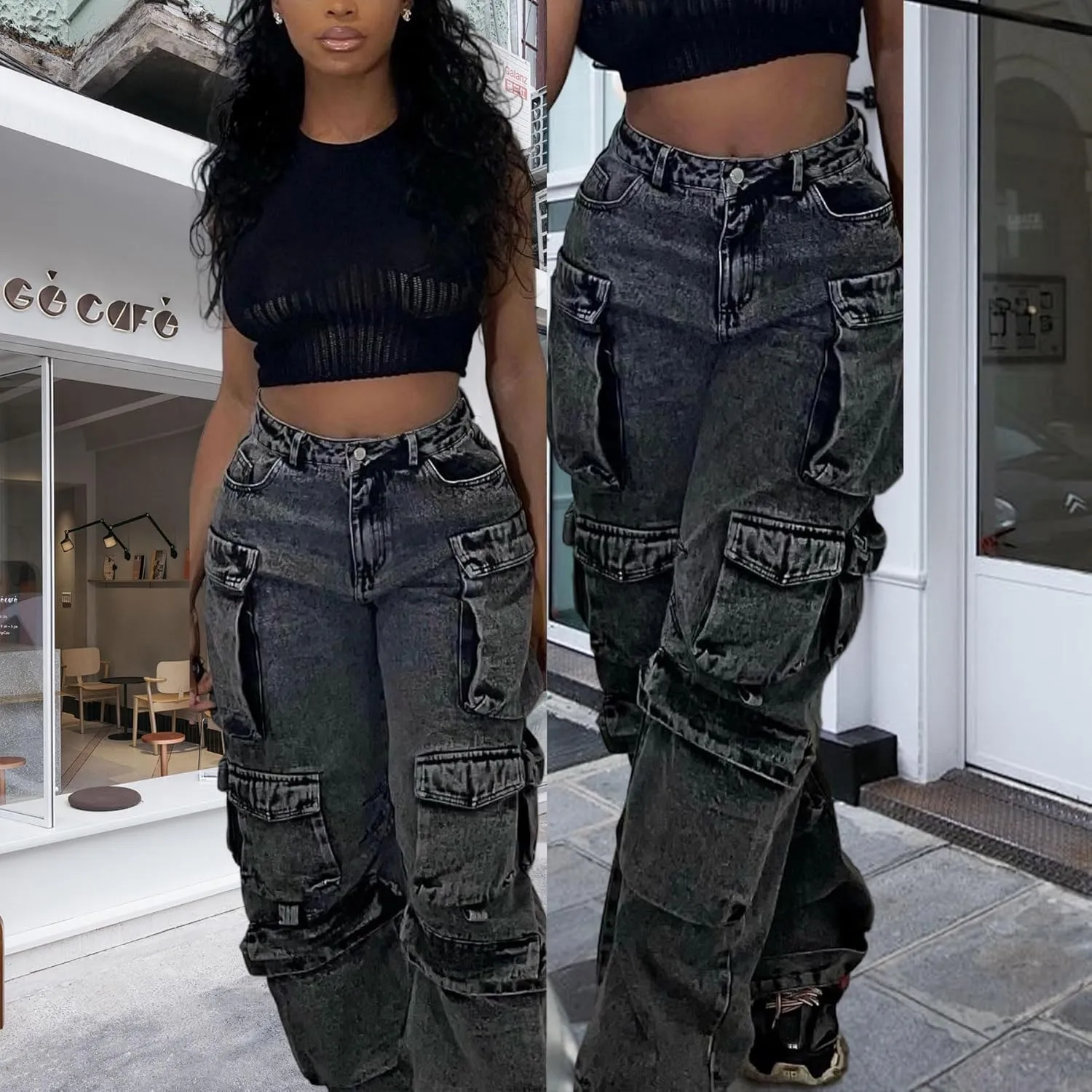 Vakkest High Waisted Cargo Jeans for Women Wide Leg Casual Baggy Trendy Denim Pants with Multi Pockets