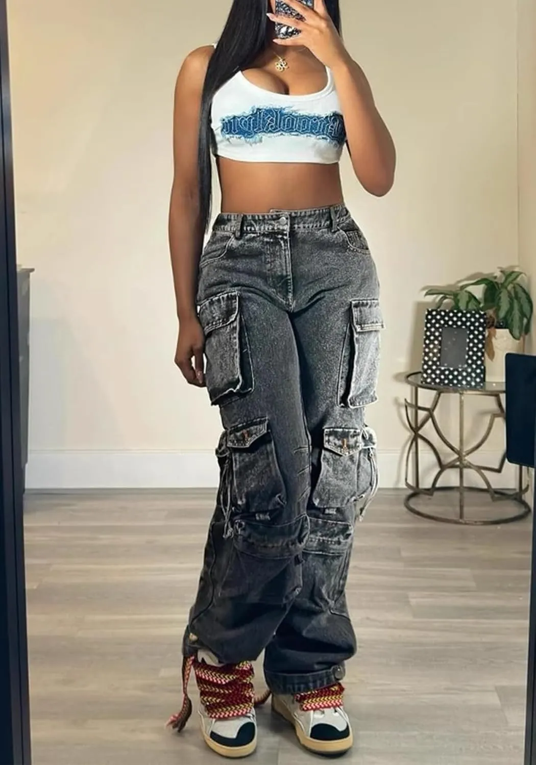 Vakkest High Waisted Cargo Jeans for Women Wide Leg Casual Baggy Trendy Denim Pants with Multi Pockets