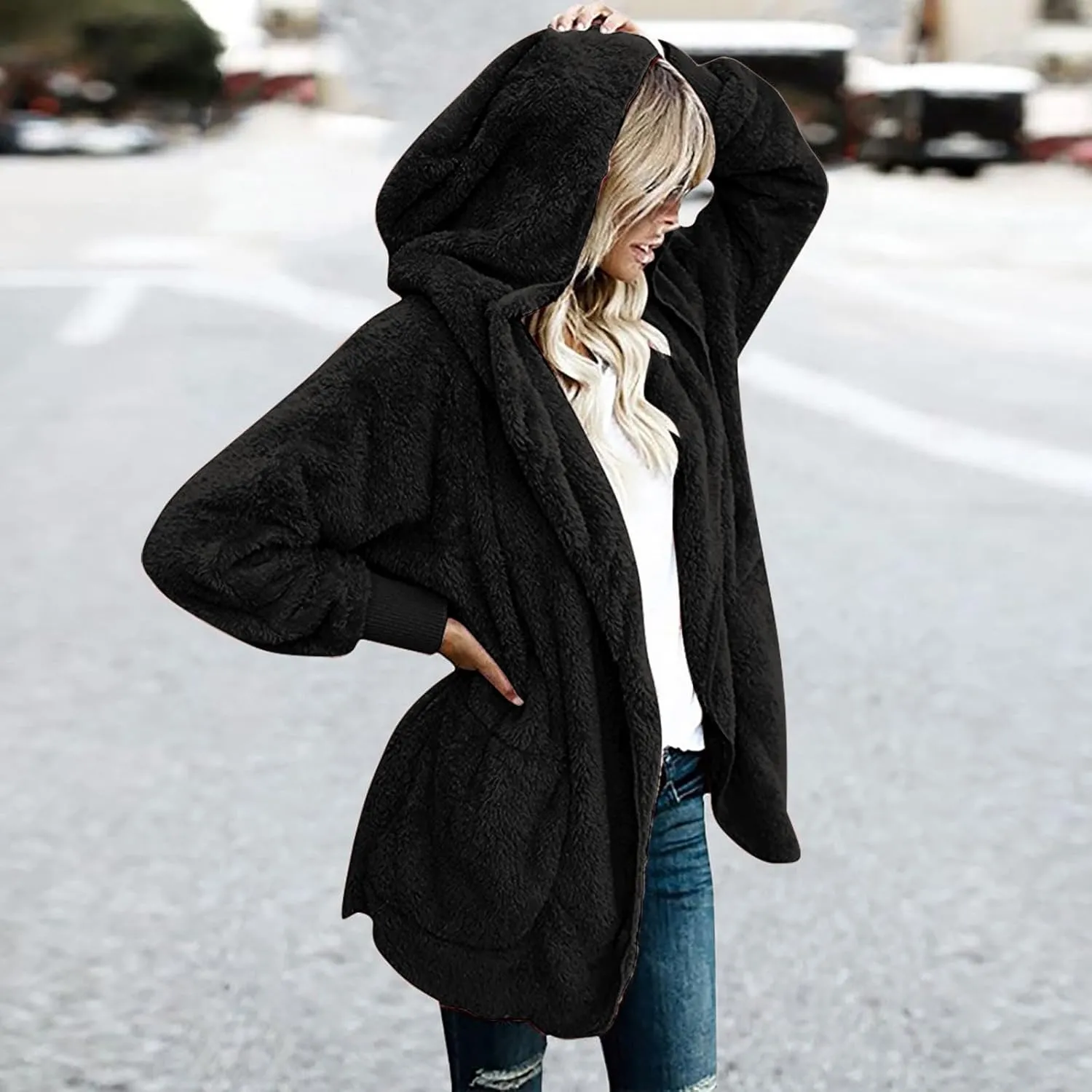 Winter Cardigan for Women,Womens Warm Lapel Faux Fur Fluffy Coats Long Sleeve Fleece Jacket Fuzzy Pea Coat Overwear