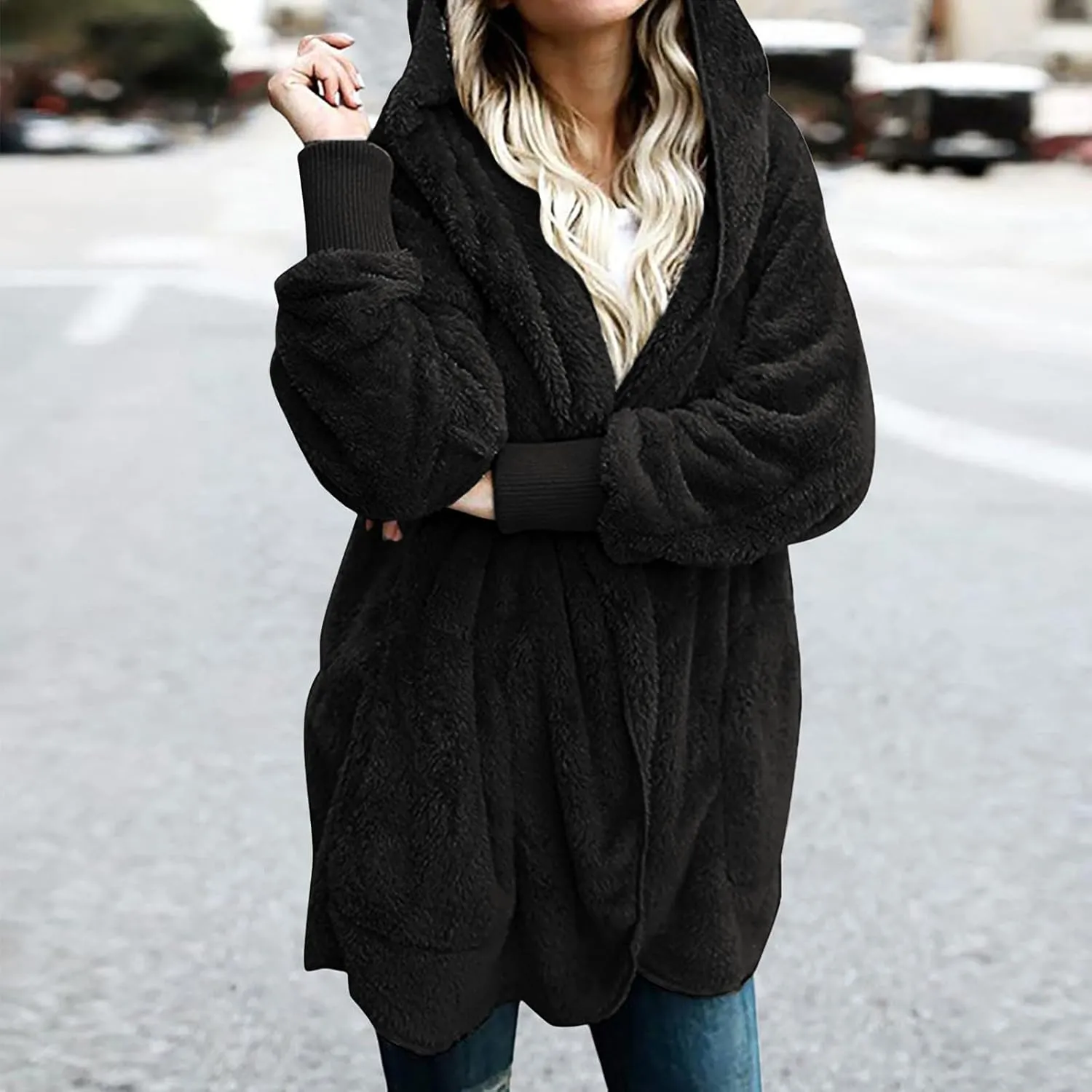 Winter Cardigan for Women,Womens Warm Lapel Faux Fur Fluffy Coats Long Sleeve Fleece Jacket Fuzzy Pea Coat Overwear