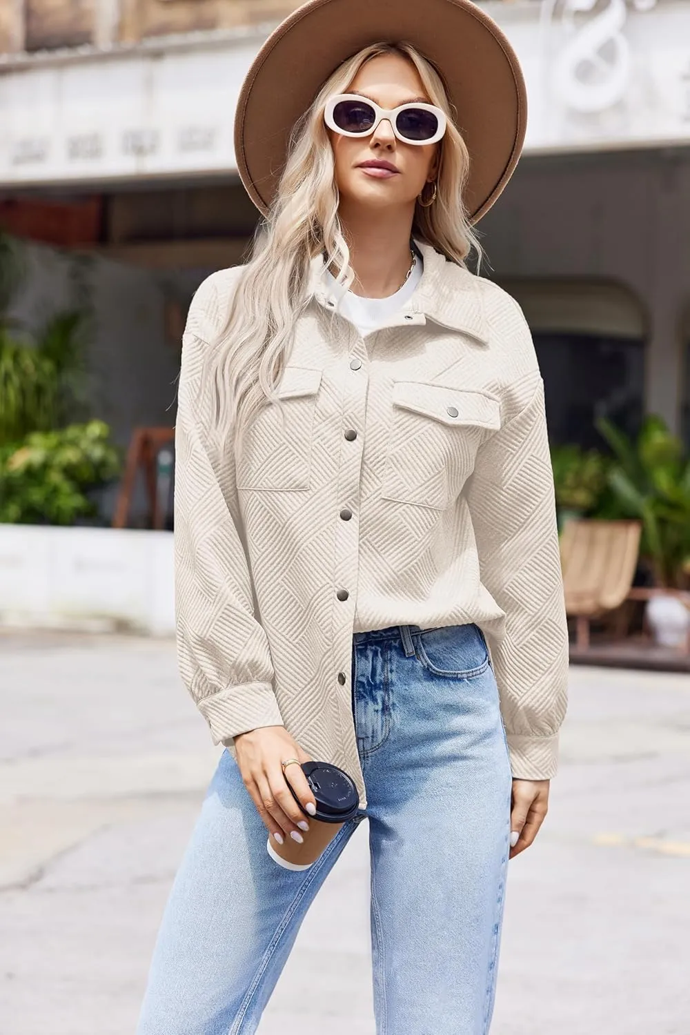Women Shacket Jacket with Pockets Casual Fall Coat Long Sleeve Shirts Button Down Collared Winnter Clothes