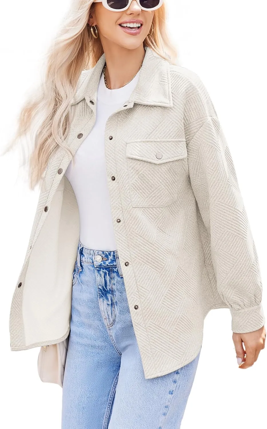 Women Shacket Jacket with Pockets Casual Fall Coat Long Sleeve Shirts Button Down Collared Winnter Clothes