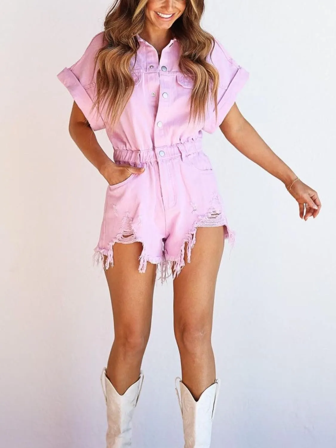 Women's Distressed Denim Romper Short Cuffed Sleeve Jean Jumpsuit Collared Ripped Frayed Shortalls Overalls