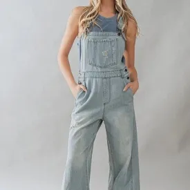 Women's Distressed Wide Leg Flare Denim Overalls in Light Wash
