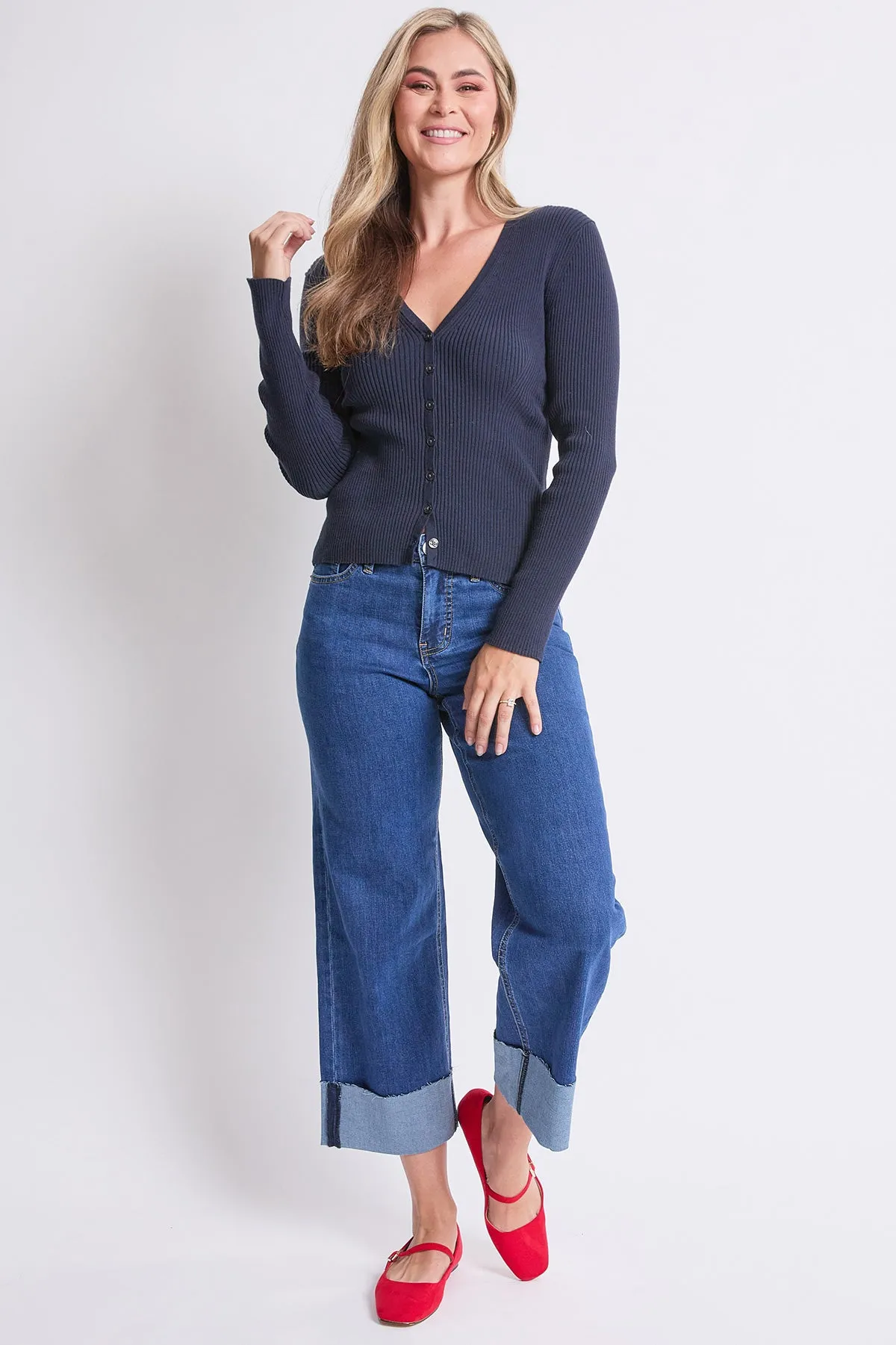 Women's High Rise Raw Mega Cuff Straight Leg Jeans