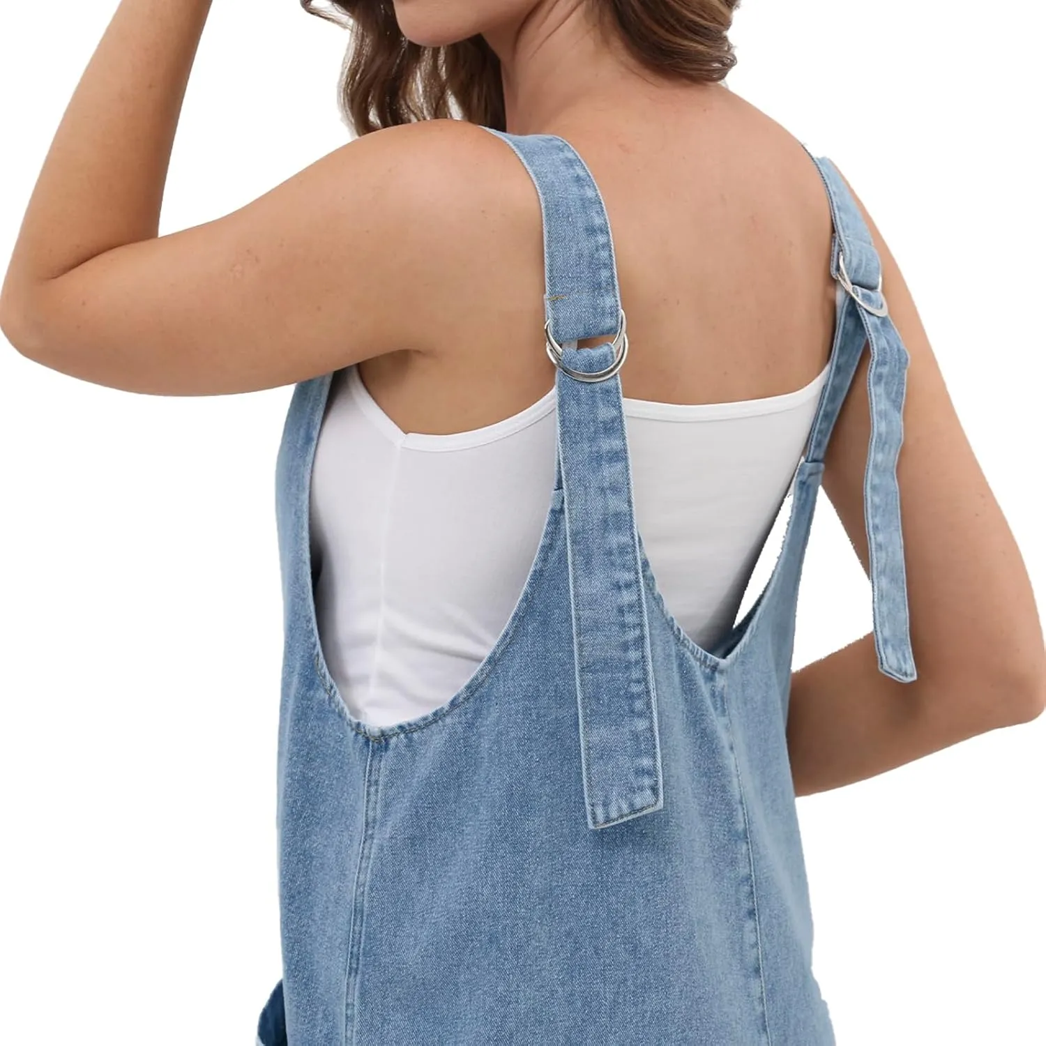 Womens High Roller Denim Jumpsuit Baggy Loose Fit Jean Overalls Adjustable Straps Sleeveless Jumpers with Pockets