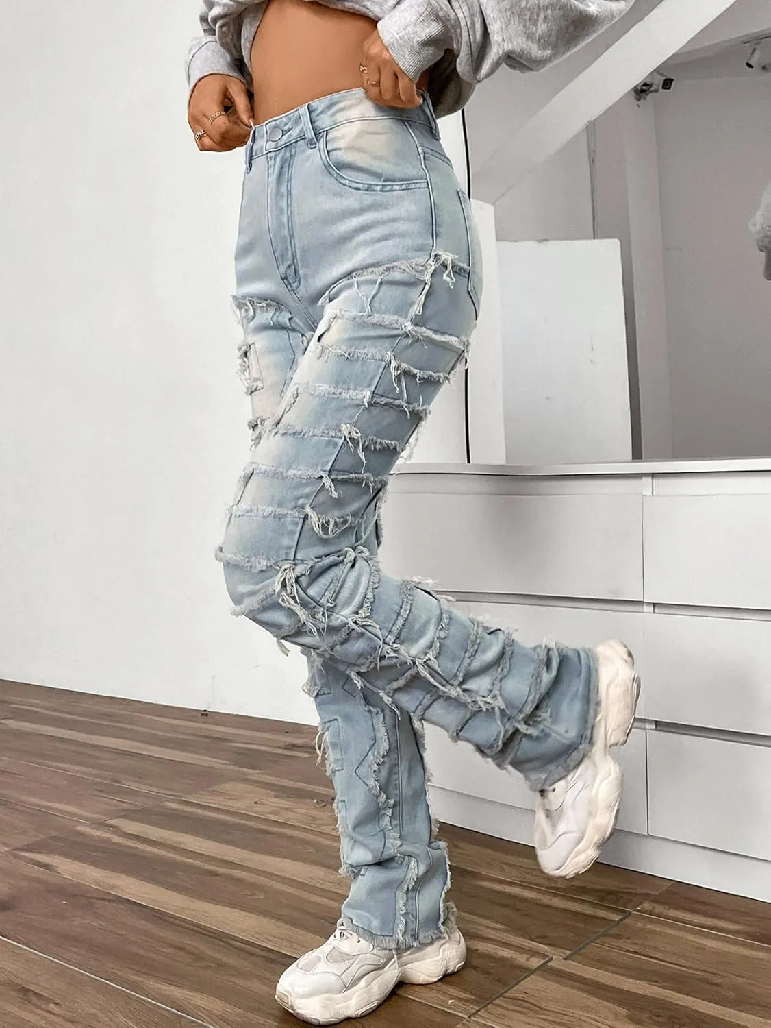 Women's High Waist Skinny Stacked Jeans Straight Leg Slim Fit Raw Hem Patchwork Stretchy Jeans
