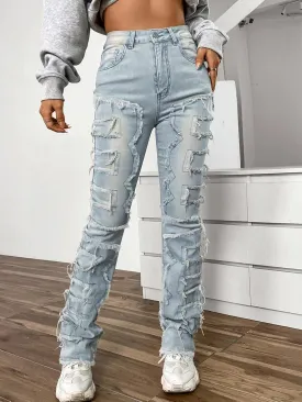 Women's High Waist Skinny Stacked Jeans Straight Leg Slim Fit Raw Hem Patchwork Stretchy Jeans