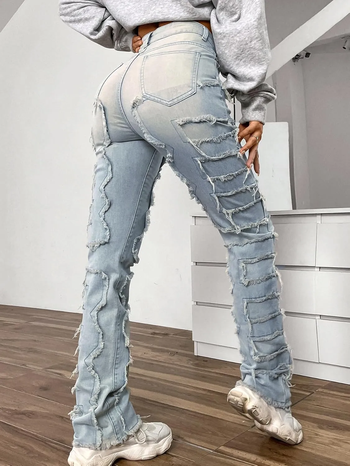 Women's High Waist Skinny Stacked Jeans Straight Leg Slim Fit Raw Hem Patchwork Stretchy Jeans