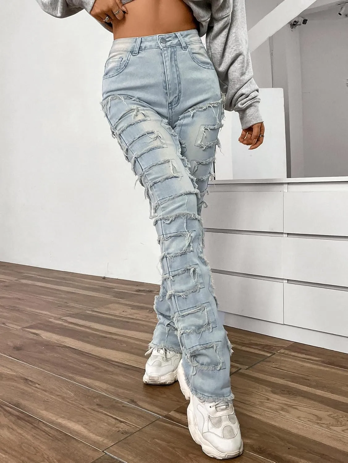 Women's High Waist Skinny Stacked Jeans Straight Leg Slim Fit Raw Hem Patchwork Stretchy Jeans