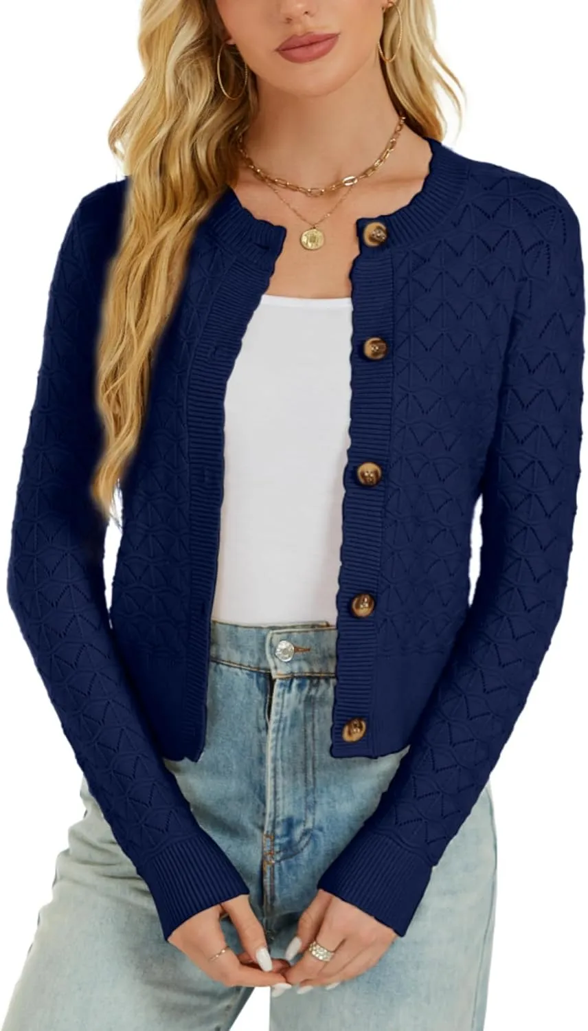 Womens Long Sleeve Knitted Cardigan Button Down Open Front Crewneck Solid Knit Classic Sweater