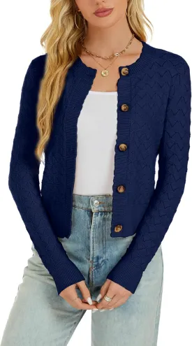 Womens Long Sleeve Knitted Cardigan Button Down Open Front Crewneck Solid Knit Classic Sweater