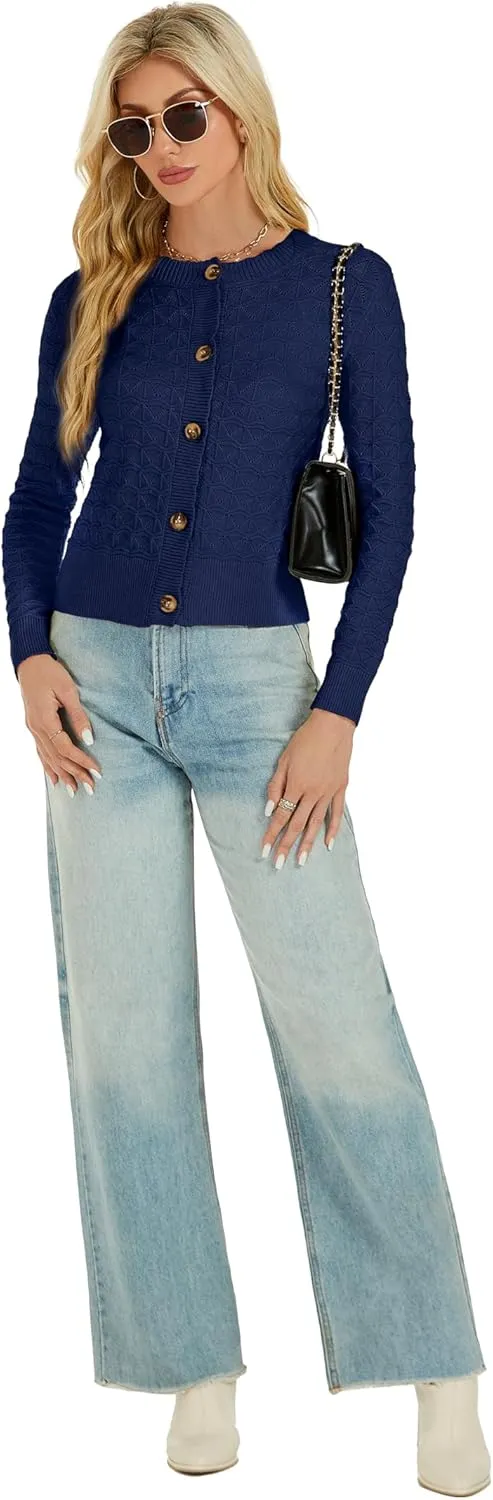 Womens Long Sleeve Knitted Cardigan Button Down Open Front Crewneck Solid Knit Classic Sweater