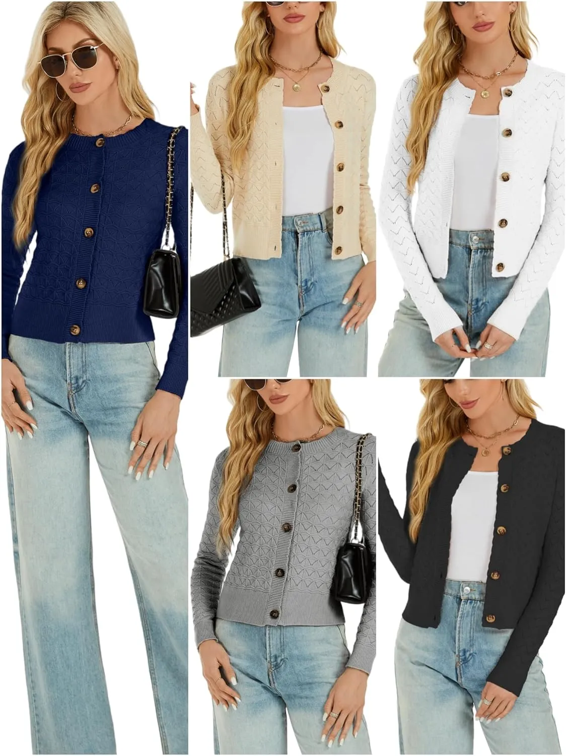 Womens Long Sleeve Knitted Cardigan Button Down Open Front Crewneck Solid Knit Classic Sweater