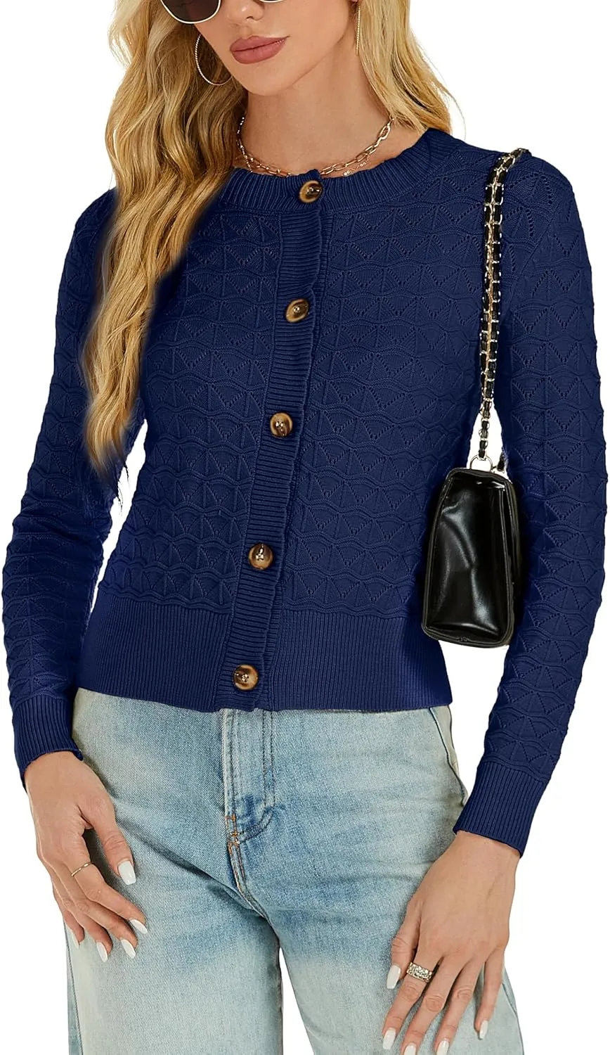 Womens Long Sleeve Knitted Cardigan Button Down Open Front Crewneck Solid Knit Classic Sweater