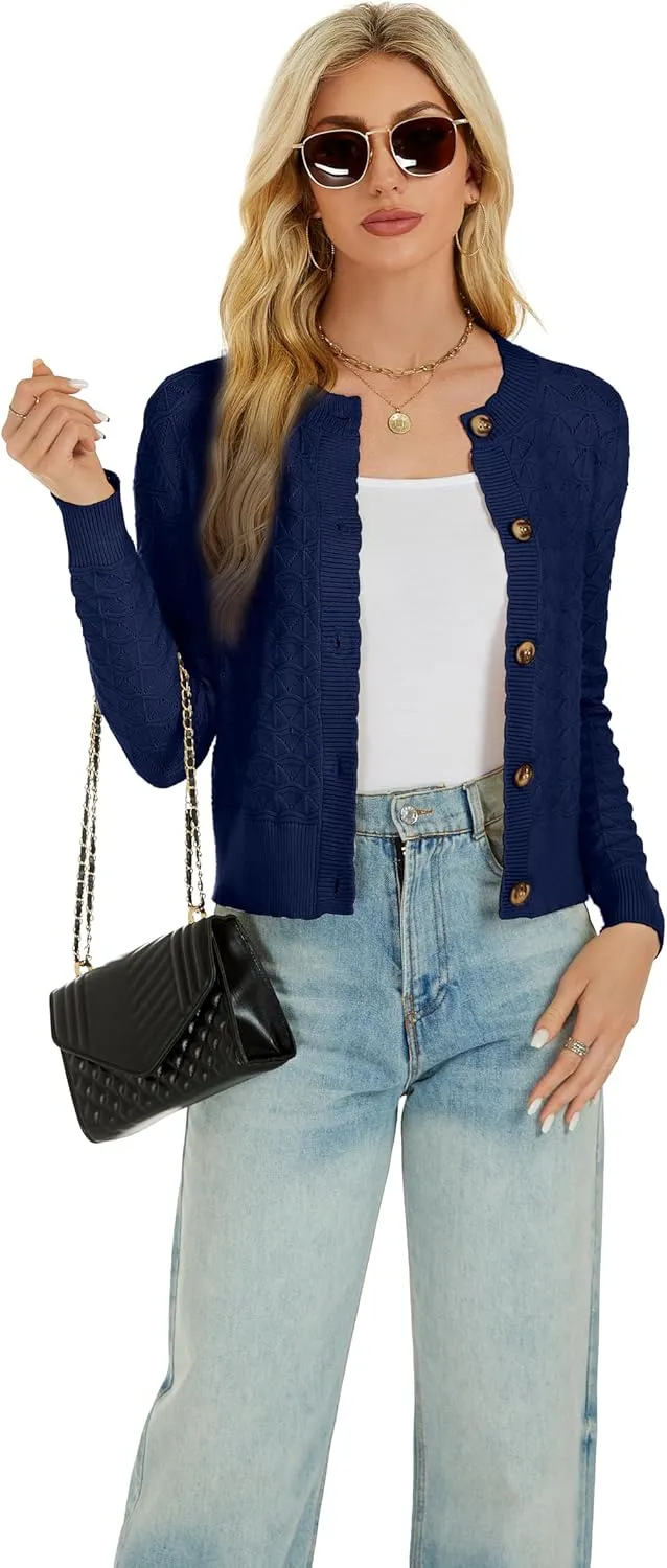 Womens Long Sleeve Knitted Cardigan Button Down Open Front Crewneck Solid Knit Classic Sweater