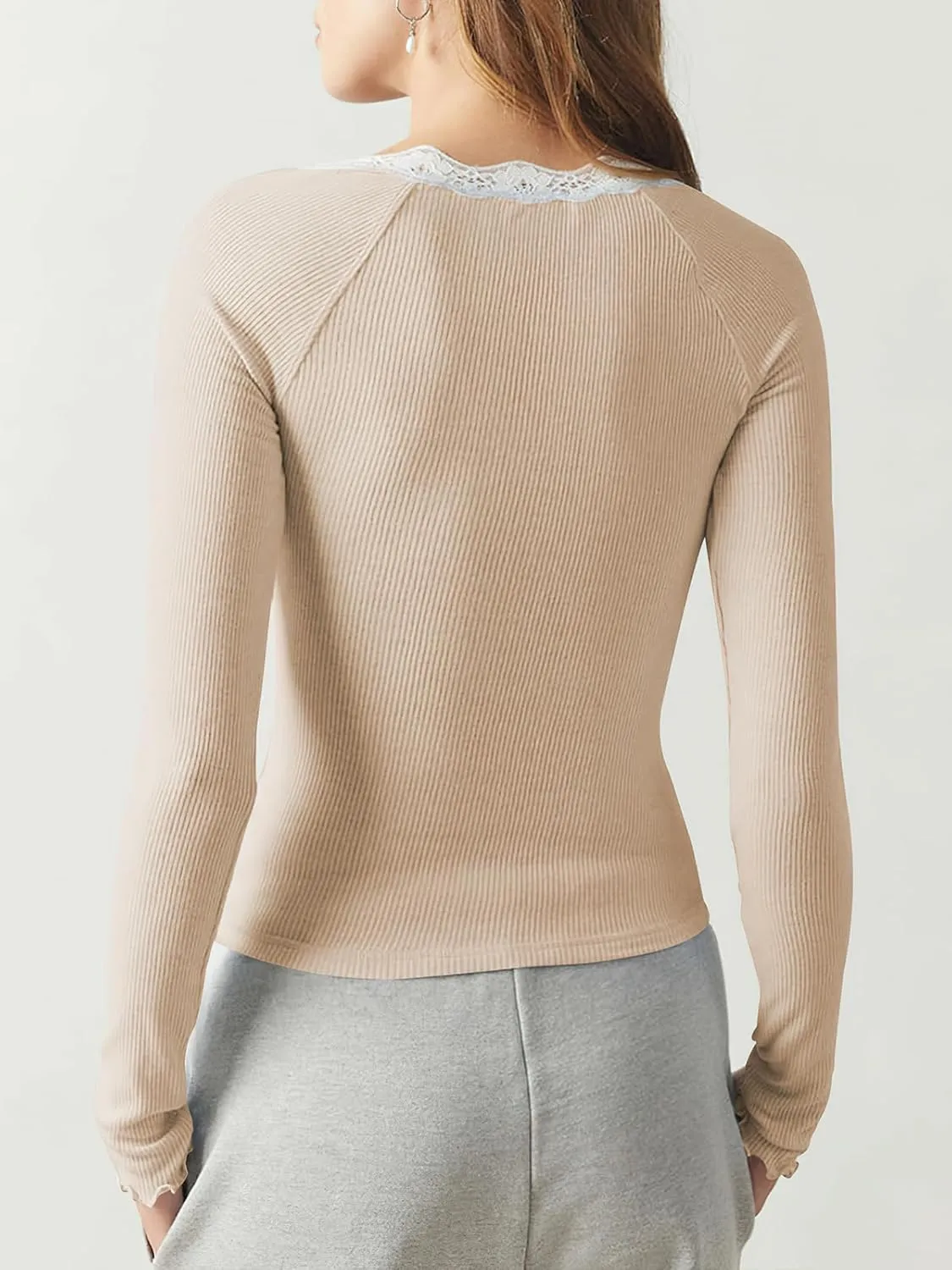 Women's Long Sleeve Lace Scoop Neck Shirts Ribbed Casual Slim Fitted Basic Tee Tops