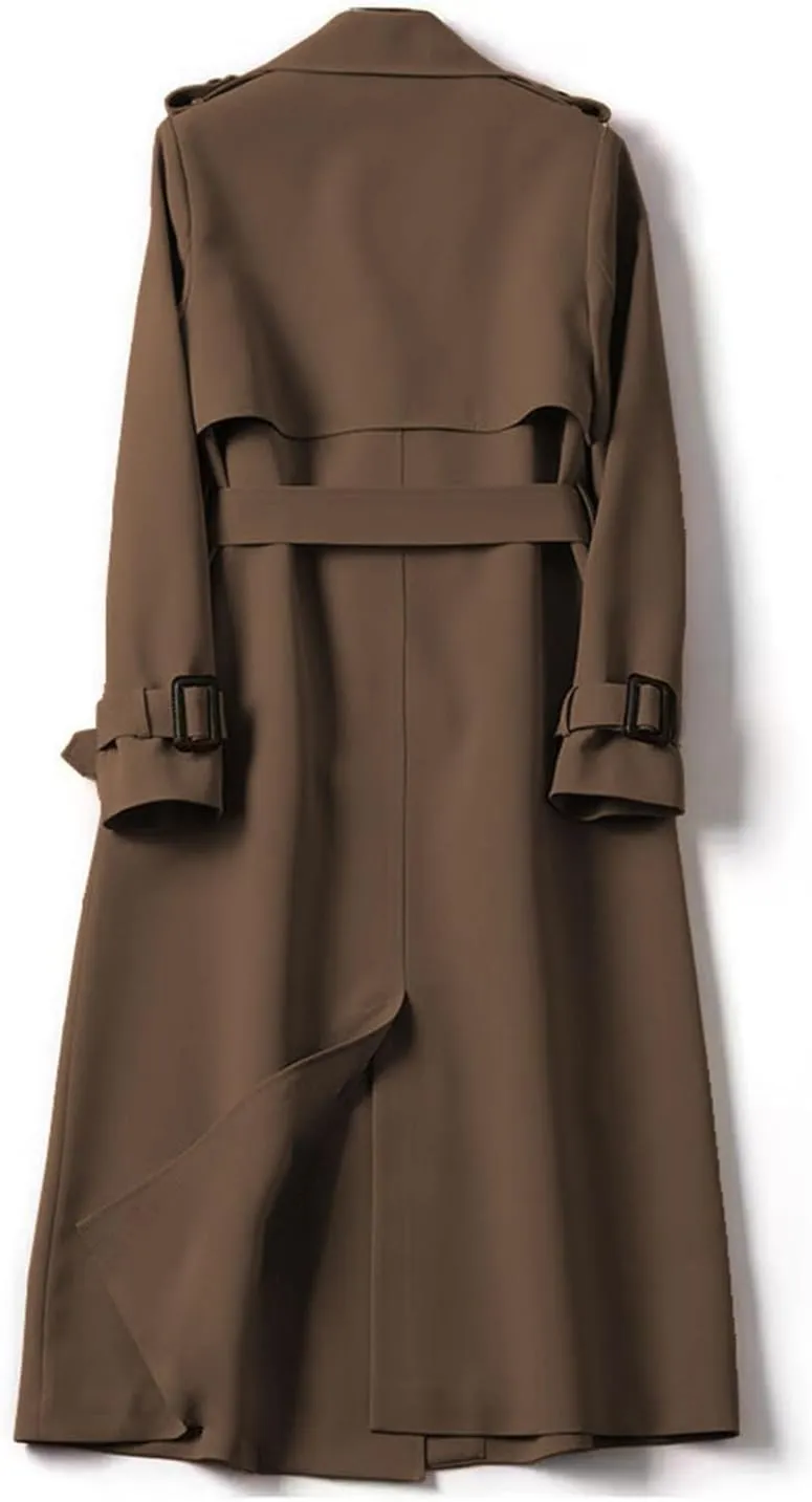 Womens Long Trench Coat Casual Slim Windbreaker Jacket Windproof Double Breasted Lapel Overcoat with Belt