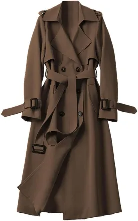 Womens Long Trench Coat Casual Slim Windbreaker Jacket Windproof Double Breasted Lapel Overcoat with Belt