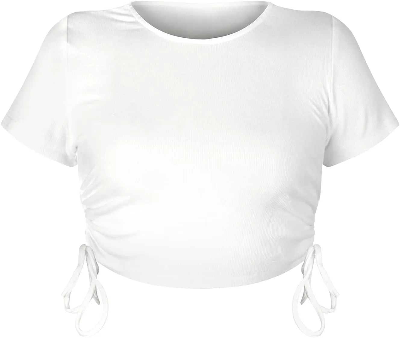 Women's Round Neck Short Sleeve Drawstring Side Slim Fit Stretchy Crop Tops