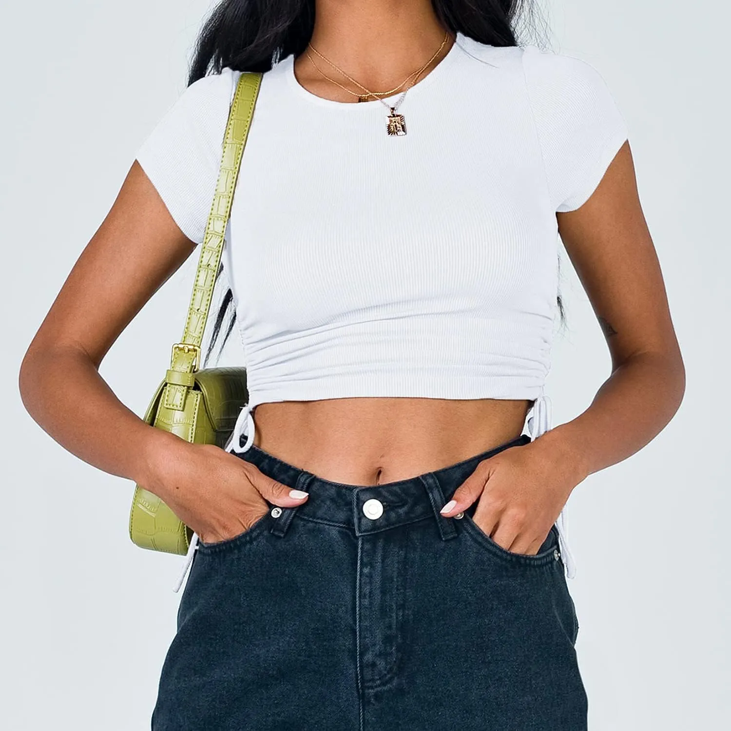 Women's Round Neck Short Sleeve Drawstring Side Slim Fit Stretchy Crop Tops