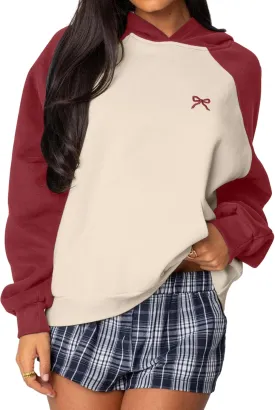 Ythomm Womens Bow Graphic Hoodie Color Block Oversized Pullover Sweatshirts Fall Winter Loose Fitted Long Sleeve Hooded Tops