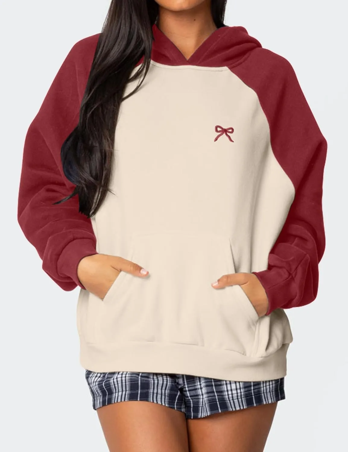 Ythomm Womens Bow Graphic Hoodie Color Block Oversized Pullover Sweatshirts Fall Winter Loose Fitted Long Sleeve Hooded Tops