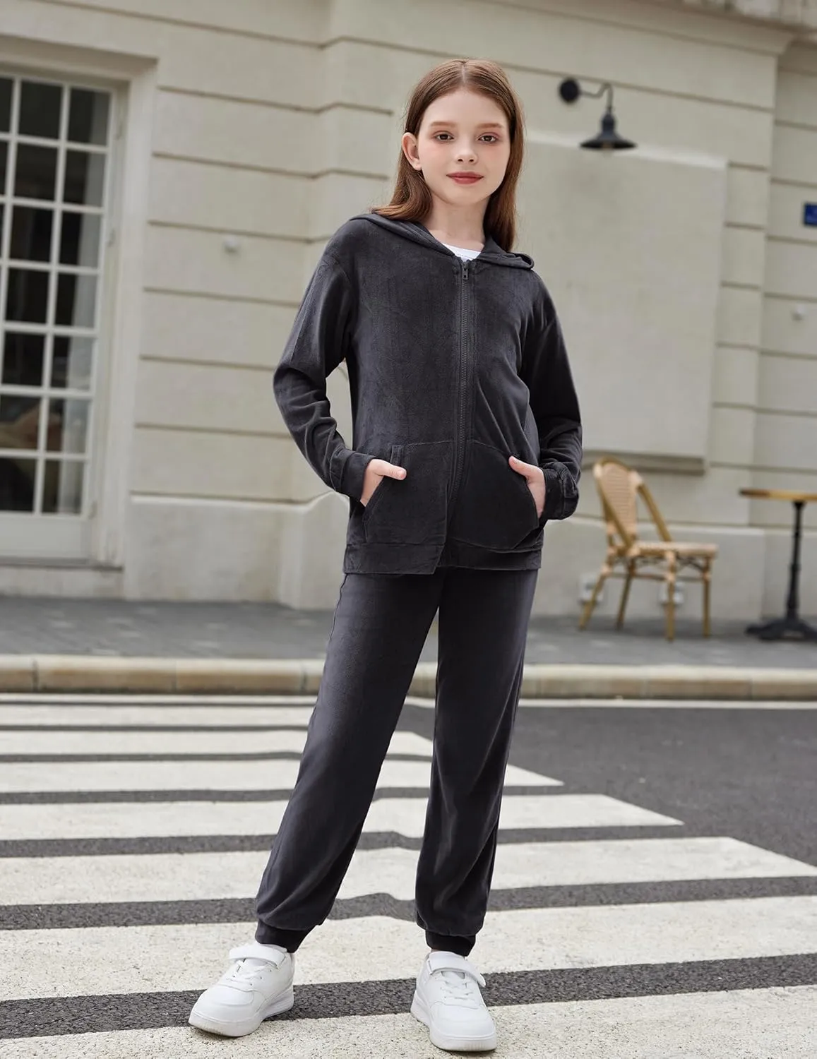 Zaclotre Girls Velour Tracksuits 2 Piece Outfits Zip Up Hoodie and Jogger Sweatpant Sweatsuits Athletic Clothing Sets