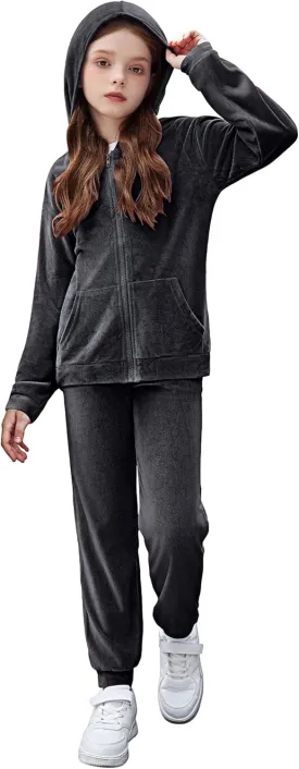 Zaclotre Girls Velour Tracksuits 2 Piece Outfits Zip Up Hoodie and Jogger Sweatpant Sweatsuits Athletic Clothing Sets