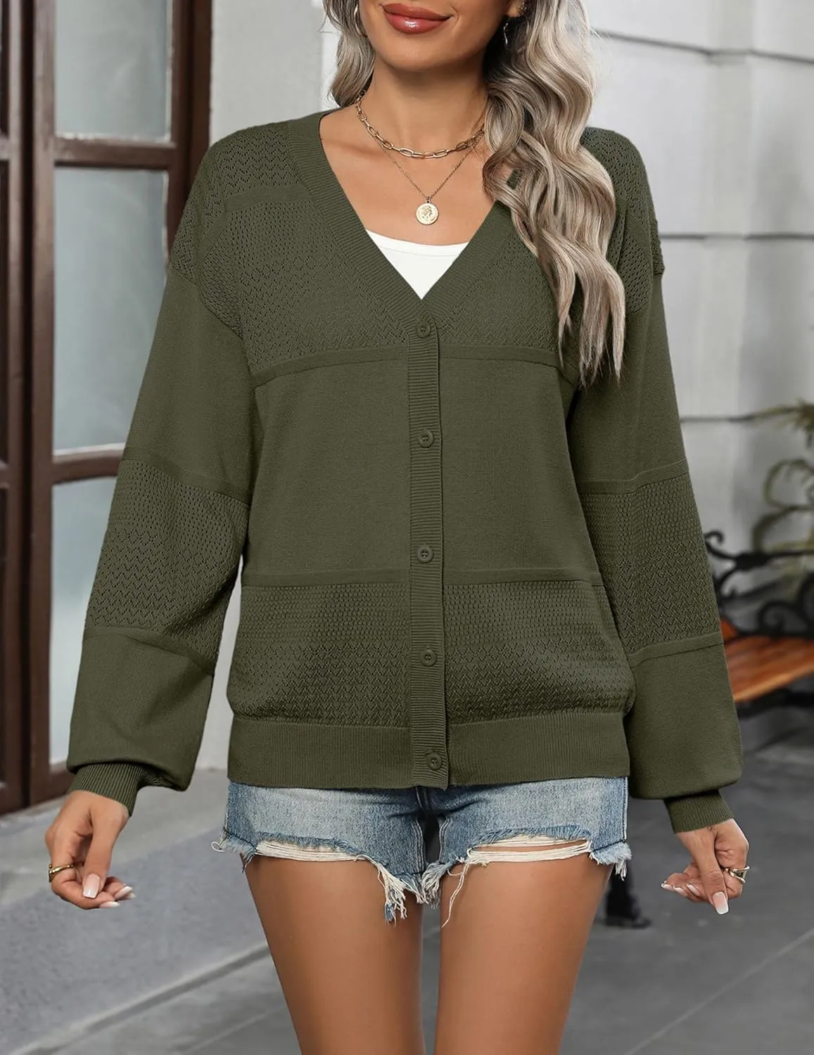 Zeagoo 2025 Womens Cardigan Casual Long Sleeve Lightweight Crochet Shrug V Neck Tops Button Down Soft Knit Sweater